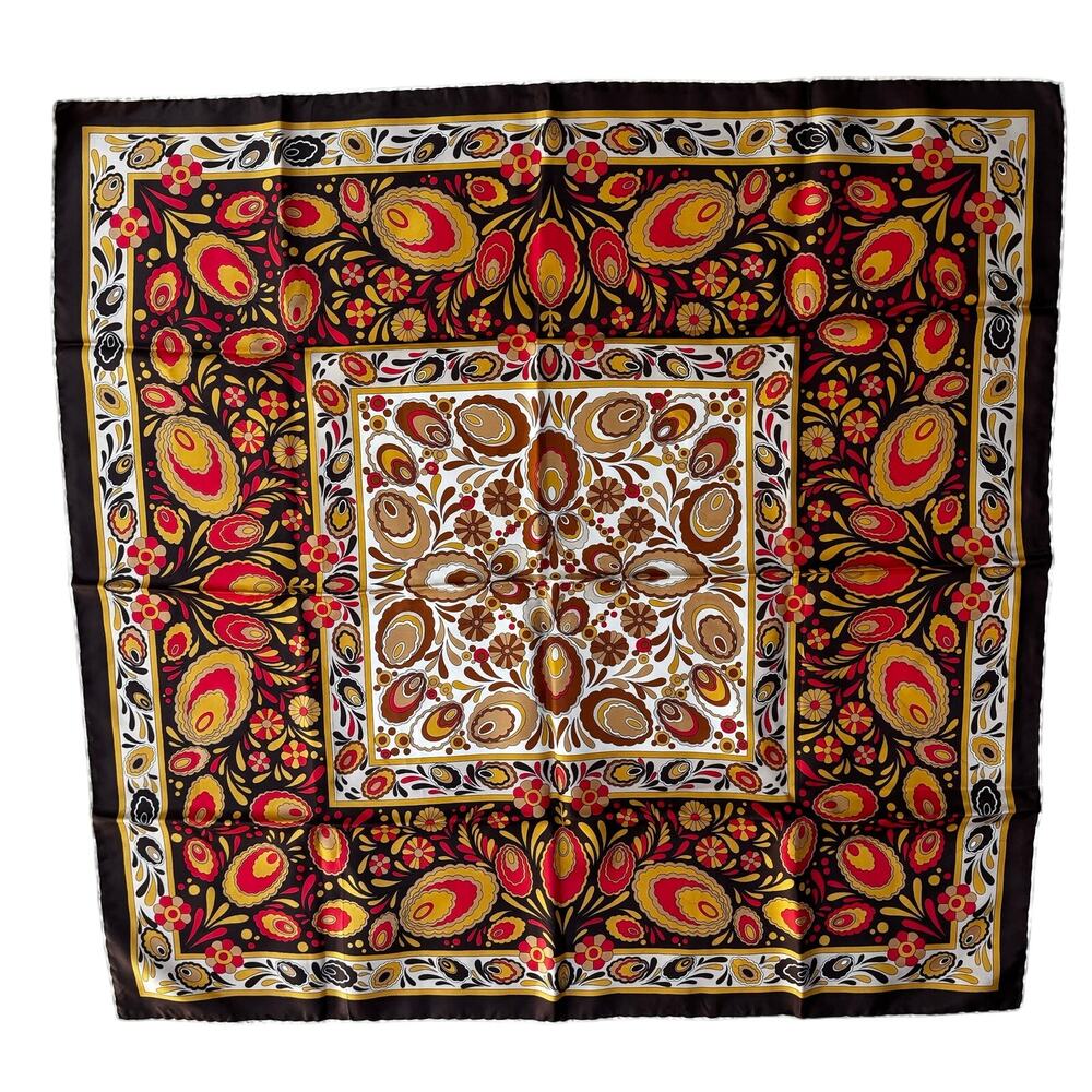 Vintage 70s silky square scarf brown tan gold orange paisley print hand rolled